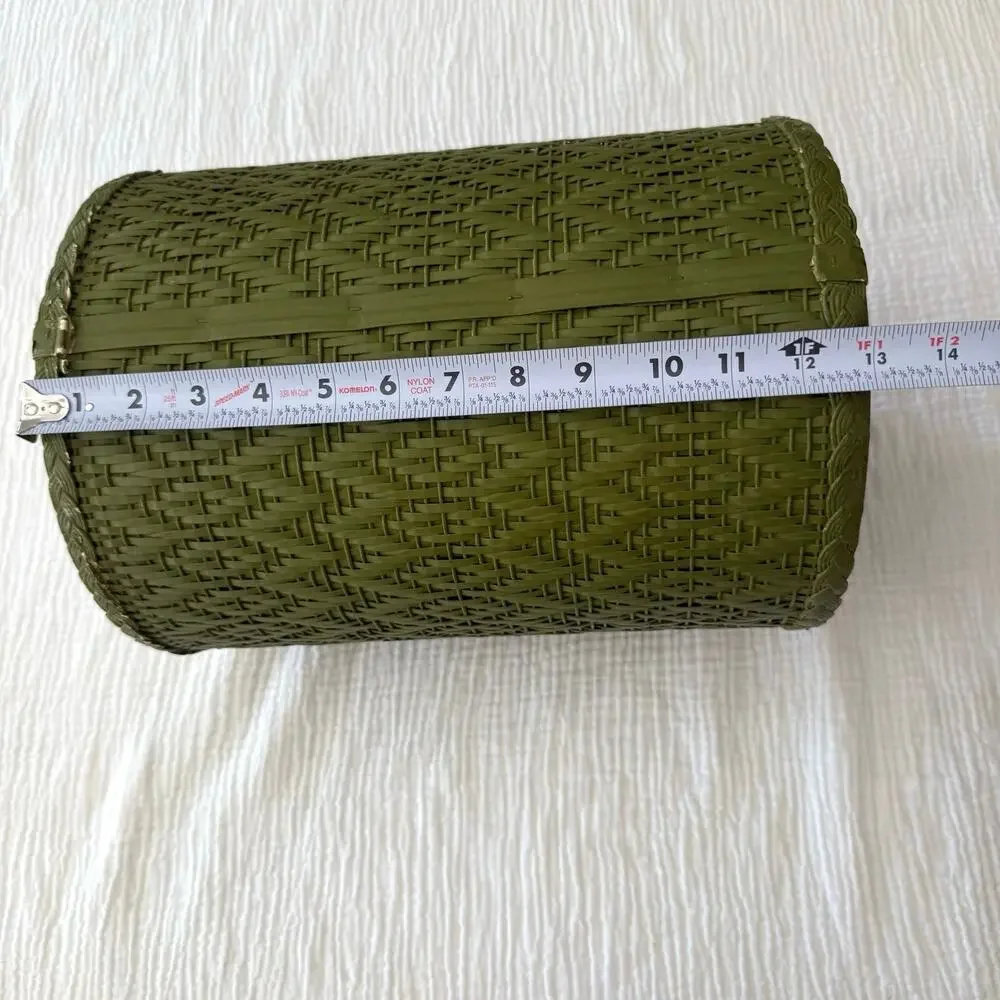 Vintage Trash Can Avocado Green Wicker Woven Round Cylinder 13 x 9 Cottage Farm